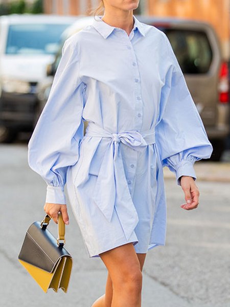 

Shirt Collar Long Sleeve Solid Daily Mini Dress, Sky blue, Mini Dresses