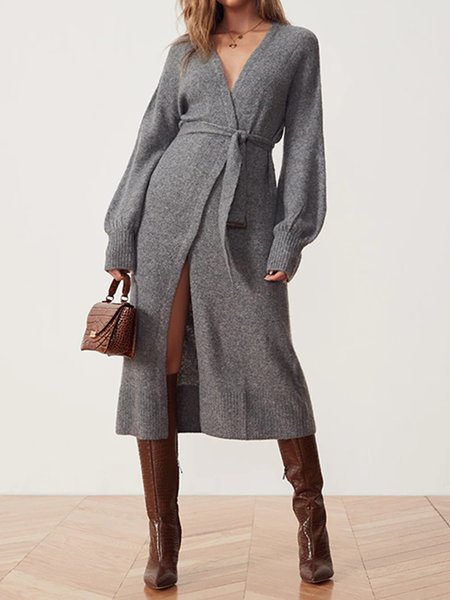 

Elegant V Neck Long sleeve Solid Outerwear, Gray, Cardigans