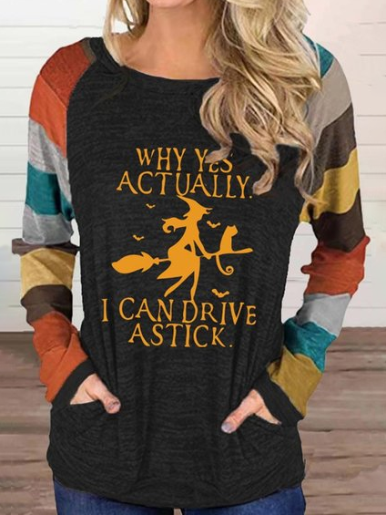 

Halloween Yes I Can Drive Stick Casual Letter Scoop Neckline Shirts & Tops, Black, Tees & T-shirts