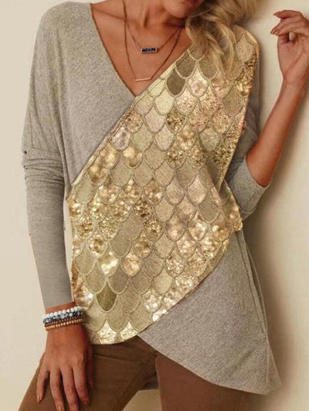 

Spalla Nuda Regolare In forma Scollo a V Geometrico Top, Albicocca, T-Shirts