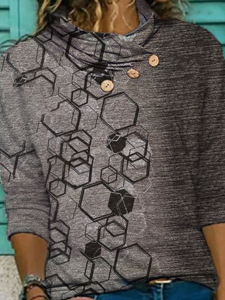 

Geometric Print Loose Casual Long-sleeved T-shirt, Gray, Auto-clearance