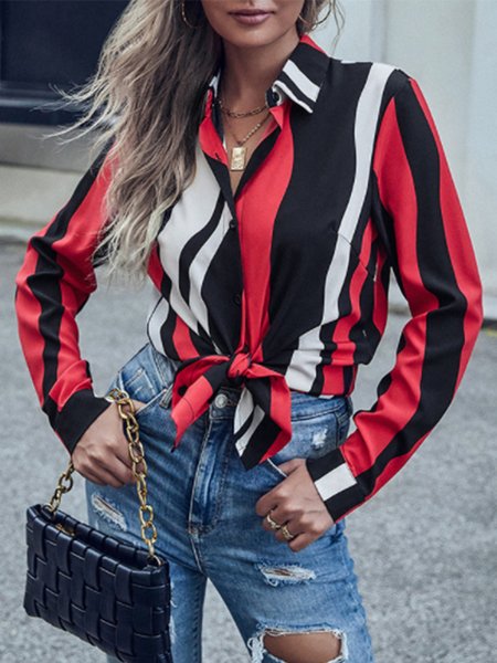

Long Sleeve Shirt Collar Striped Casual Shirt, Red, Blouses and Shirts