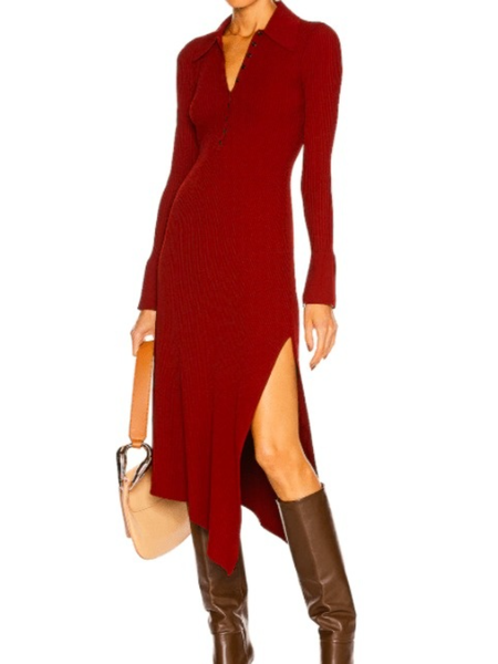 

Fall Slim Fit V Neck Plain Work Formal Date Daily Mid-weight Dresses, Red, Midi Dresses