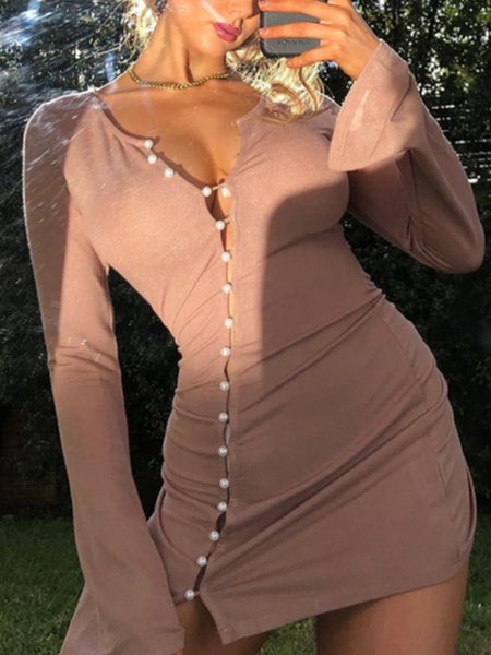 

Skinny Long Sleeve Bodycon Mini Dress, Brown, Mini Dresses