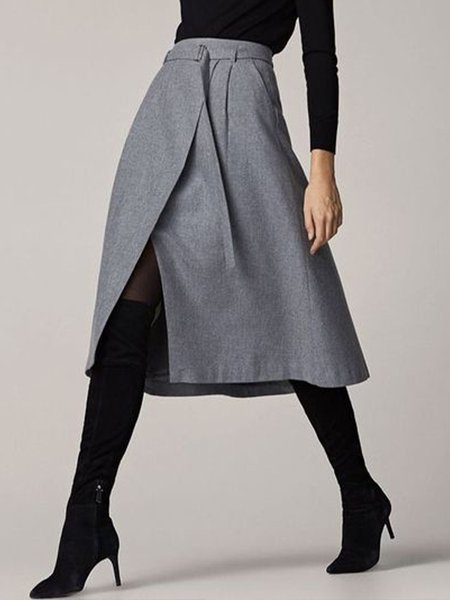 

Elegant Solid Formal Skirt, Gray, Midi Skirts