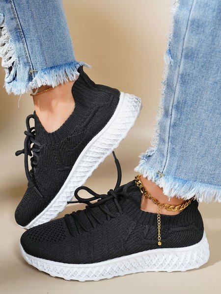 

Simple Plain Lace-up Flying Knit Sneakers, As picture, Sneakers