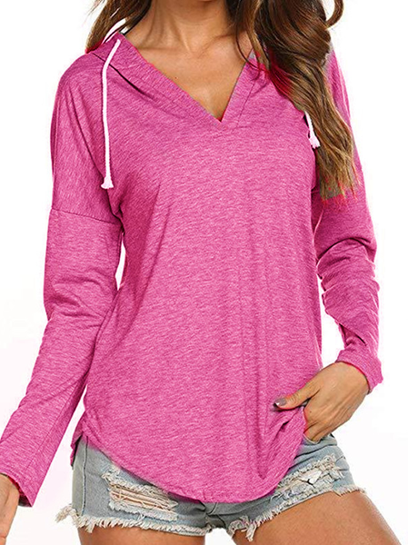 

Loosen Hooded Plain Shirts & Tops, Deep pink, Tops