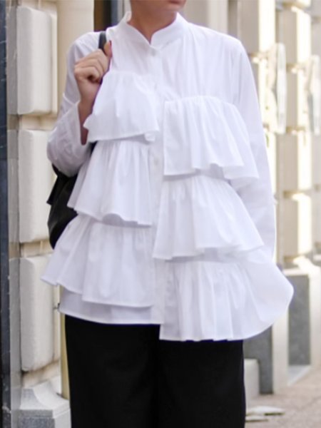 

Elegant Stand Collar Solid Long Sleeve Top, White, Blouses and Shirts