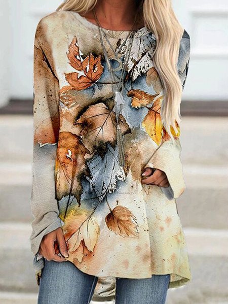 

Vintage Leaf Print High Neck Long Sleeve Short Dress, As picture, Dresses