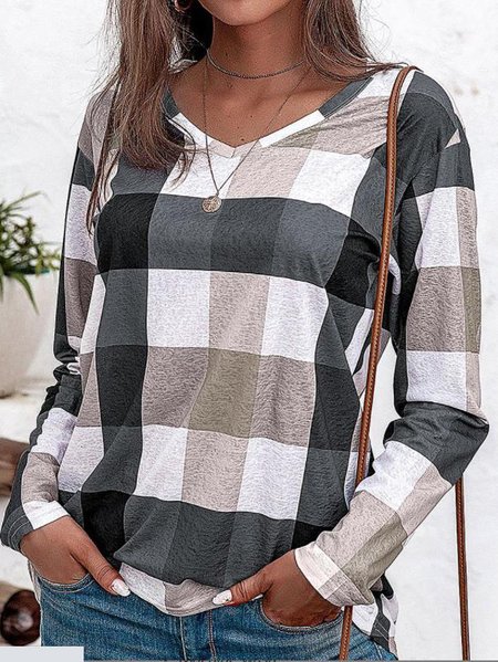 

V Neck Checked/Plaid Casual Long sleeve Shirts & Tops, Black-white, Tees & T-shirts