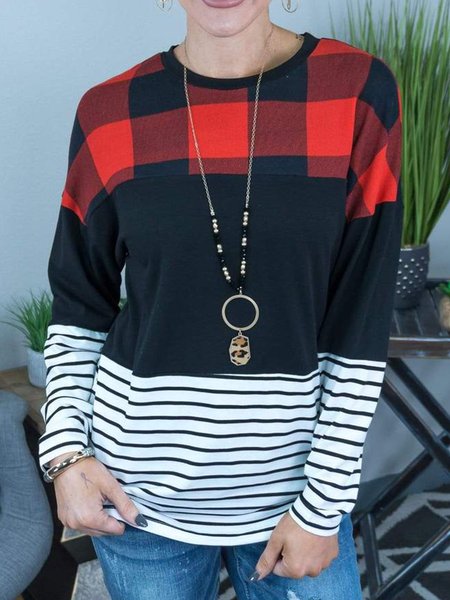 

Cotton Blends Striped Casual T-shirt, Black-red, Long sleeve tops