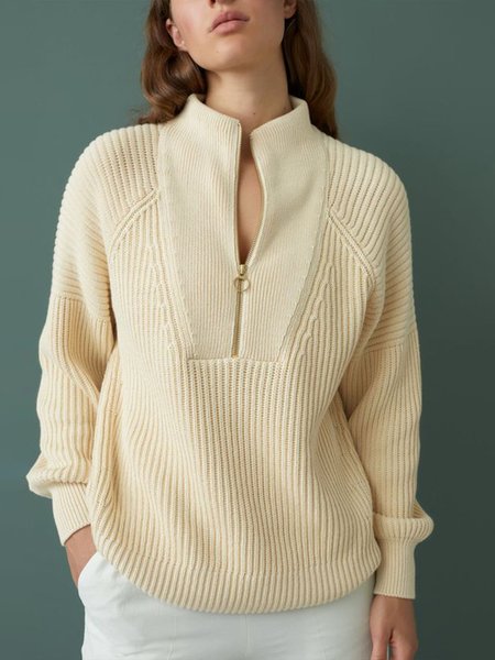 

long Sleeve Plain Loosen Basics Sweater, Beige, Pullovers