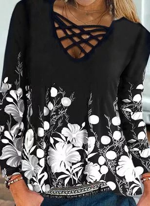 

Cotton V Neck Loosen Shirts & Tops, Black-white, T-Shirts