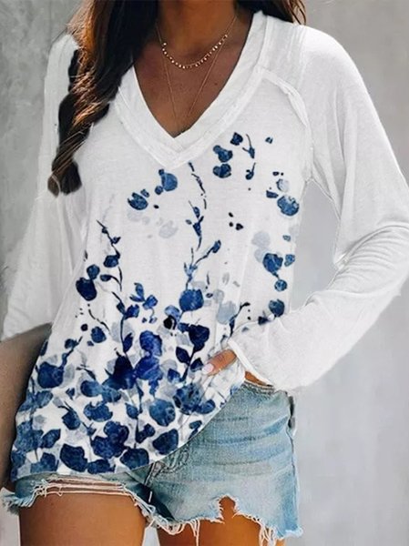 

V Neck Long Sleeve Floral Casual Shirts & Tops, As picture, T-Shirts