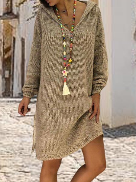 

Wool/Knitting Loose Simple Dress, Khaki, Midi Dresses