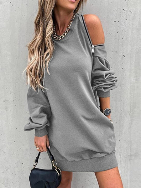 

Solid Zipper Crew Neck Long Sleeve Sexy Dresses, As picture, Mini Dresses