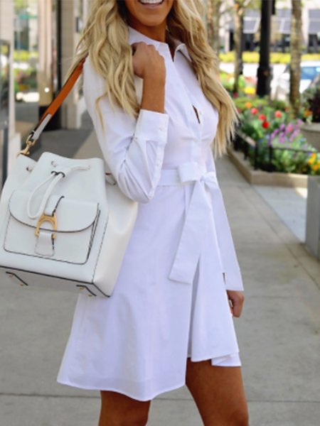 

Long Sleeve Solid Regular Fit Lady Mini Dress, White, Mini Dresses