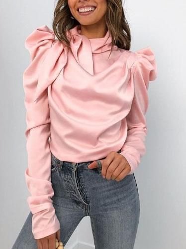 

Plain Regular Fit Shirt Sleeve Tie Neck Top, Pink, Blouses and Shirts