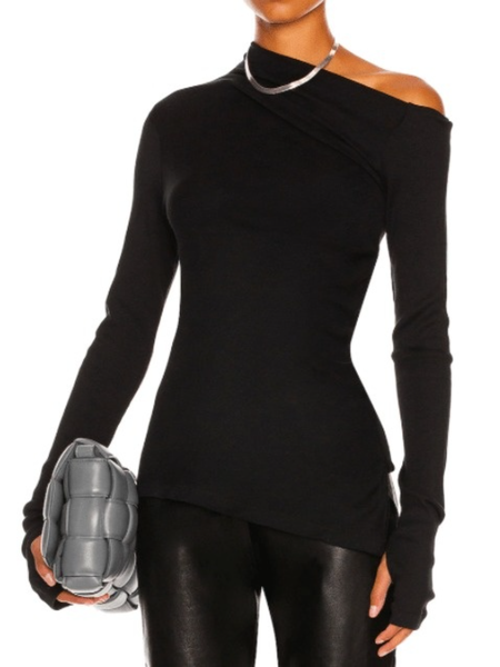 

Fall One Shoulder Cotton Skinny Elegant Simple Lady Tops, Black, Tops