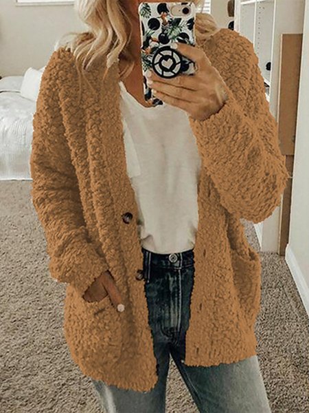 

Collarless Solid Flury Long Sleeves Outerwear, Coffee, Outerwear