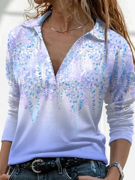 Floral Print Loosen Casual Shirts & Tops, Blue, Long sleeve tops
