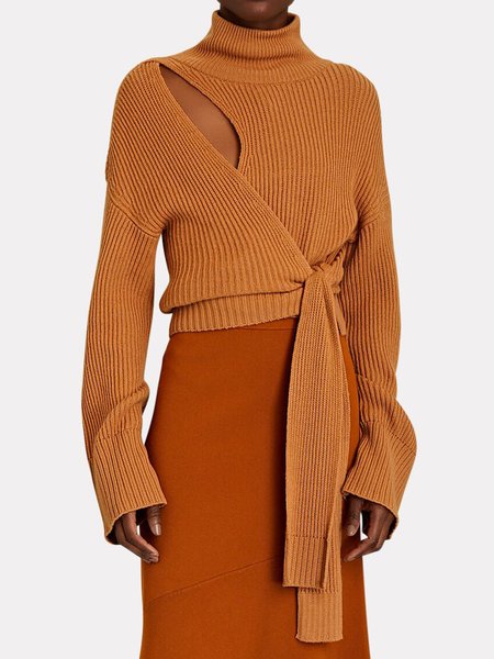 

High Neck Statement Long sleeve Solid Sweater, Yellow brown, Pullovers