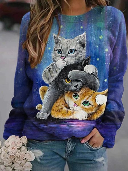 

Round Neck Casual Animal Sweatshirt, Blue, Hoodies & Sweatshirts