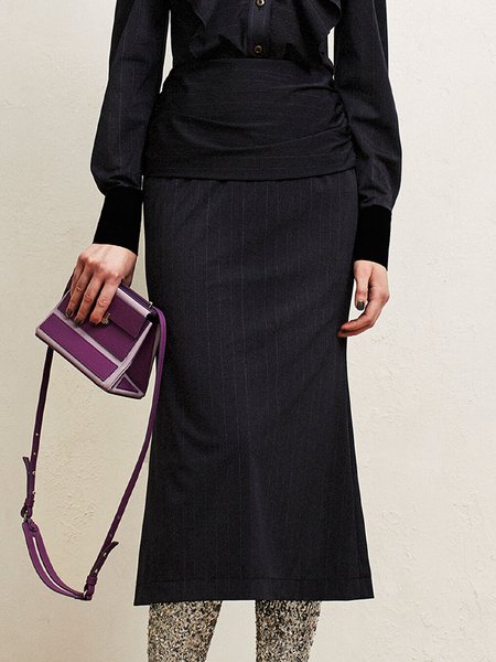 

Elegant Regular Fit Stripes Work Skirt, Black, Midi Skirts