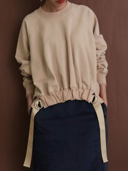 

Casual Crew Neck Loosen Plain Top, Khaki, Tops