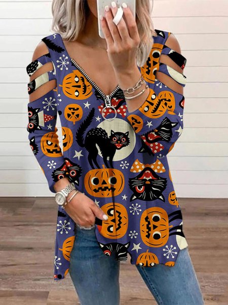 

Halloween Casual Printed Cotton Shirts & Tops, Orange, Tops