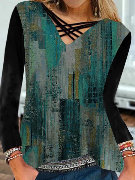 

Vacation Geometric Printed V neck Shirts & Tops, Black-green, T-Shirts