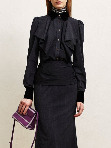 

Regular Fit Shirt Collar Elegant Top, Black, Blouses and Shirts
