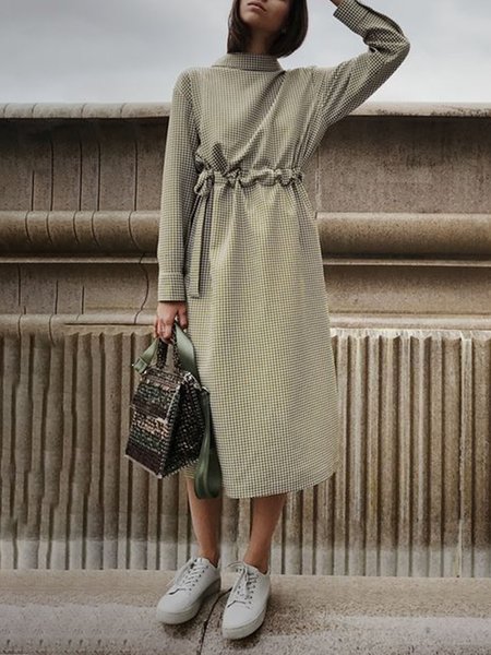 

Casual Long Sleeve Grid Midi Dress, Yellow brown, Midi Dresses