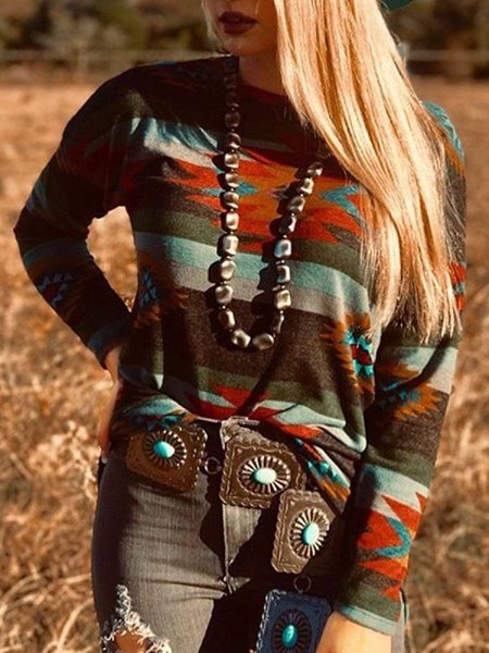 

Ethnic Crew Neck Tribal Shirts & Tops, Multicolor, T-Shirts