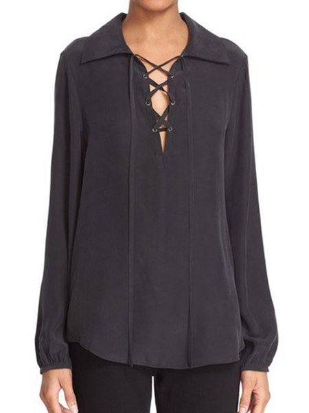 

Shirt Sleeve Simple V Neck Plain Shirt, Black, Blouses and Shirts