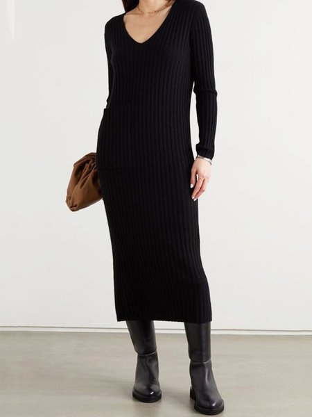 

Nero Scollo a V Regolare In forma Casuale Semplice Abito, Maxi Dresses