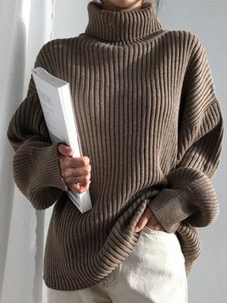 

Casual Long Sleeve High Neck Sweater, Coffee, Pullovers