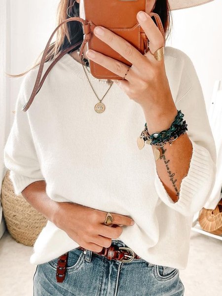 

Casual Loosen Crew Neck Solid Sweater, White, Knitwear & Sweaters