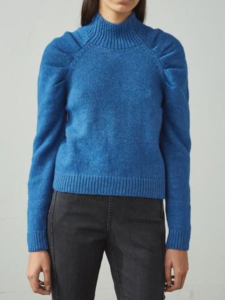 

Long Sleeve Plain Daily Simple Sweater, Blue, Pullovers