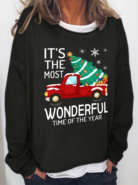 

Christmas print round neck long-sleeved cotton-blend sweatshirt, Black, Hoodies&Sweatshirts