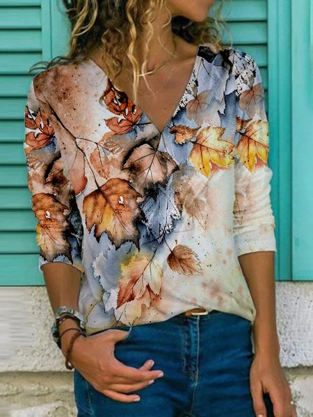 

Casuale Maniche Lunghe Scollo a V taglia grande Stampato Top T-shirts, Multicolore, T-Shirts