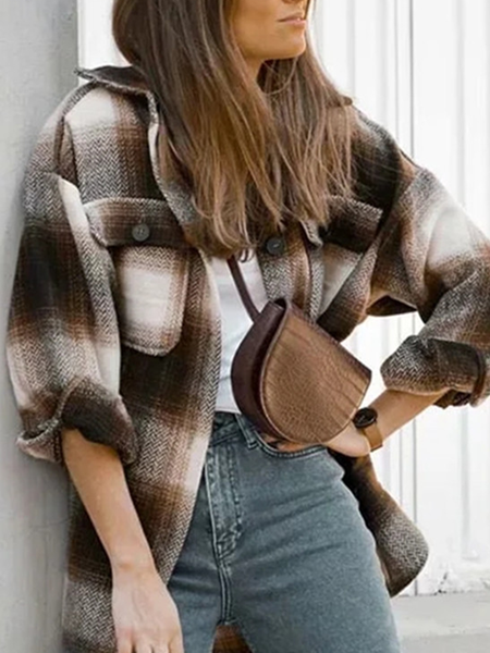 

Long sleeve shirt material Vintage Plaid medium long price coat cardigan women, Coffee, Coats