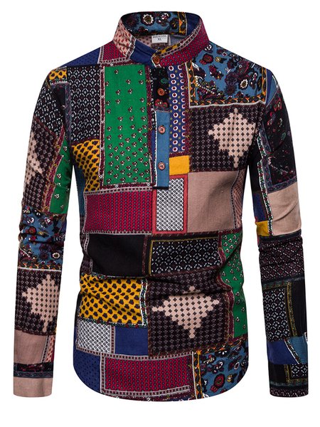 

folk-custom Long Sleeve Stand Collar Vintage Shirts & Tops, As picture, Shirts
