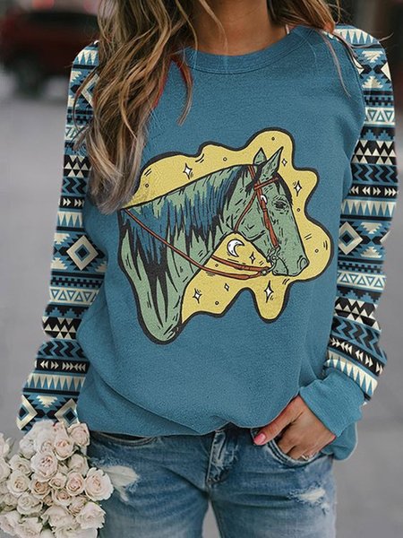 

Geometric Animal Printed Casual West Styles/Cows Loosen Sweatshirt, Blue, Hoodies & Sweatshirts