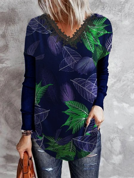 

Vacanza Misto Cotone Scollo a V Camicie & Top, Blue, Blouses & Shirts
