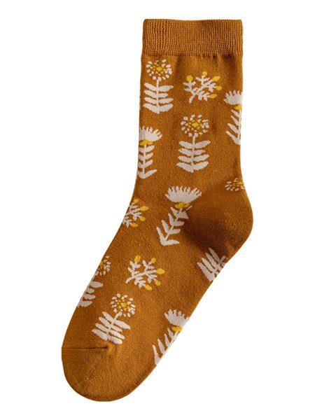

Casual Flower And Leaf Cotton Socks, As picture, Socks