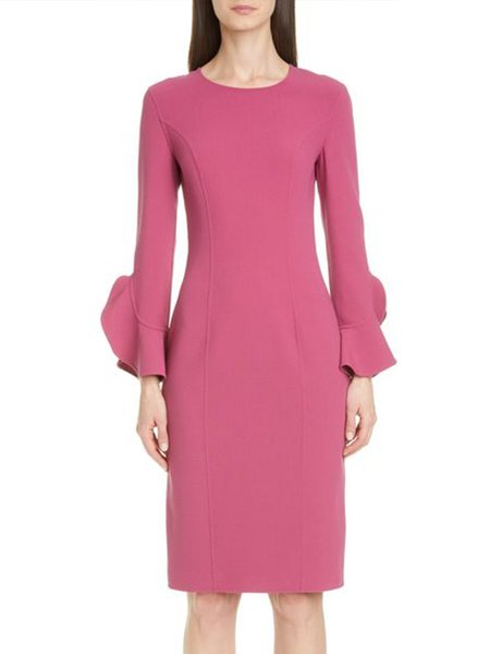 

Vintage Simple Plain Crew Neck Elegant Regular Fit Dress, Rose red, Midi Dresses