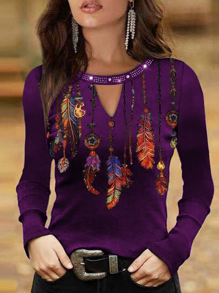 

Loosen Feather Cotton Blends Rhinestone Tops, Purple, Tops