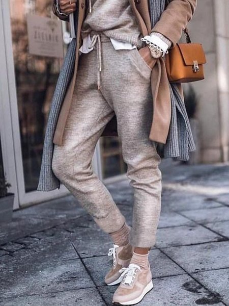 

Plain Draw String Pockets Plus Size Casual Pants, Gray, Sport Pants