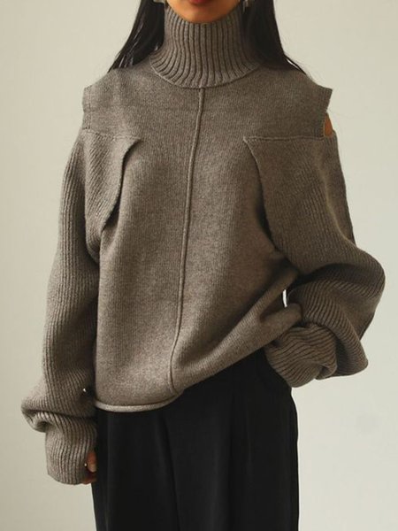 

High Neck Plain Loosen Casual Sweater, Brown, Pullovers